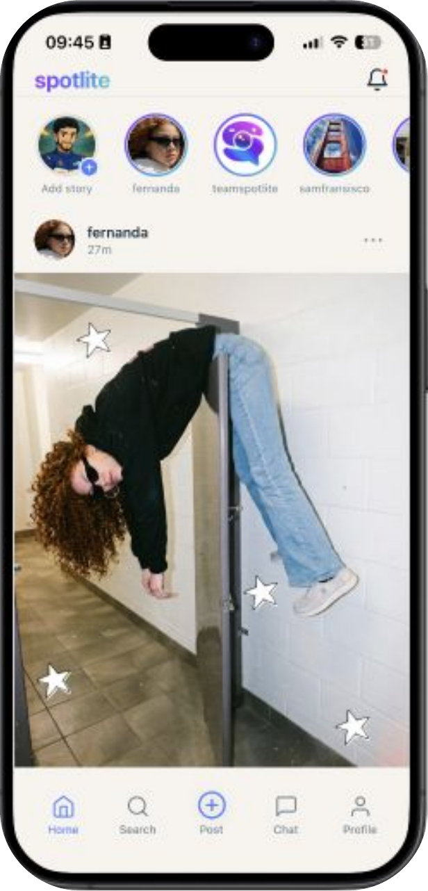 Spotlite app feed with friends’ stories and a shared photo