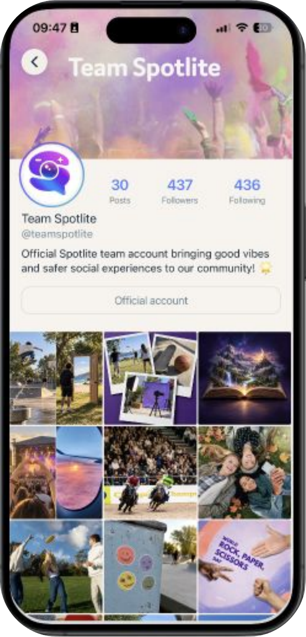 Team Spotlite profile in the app, with its photo grid
